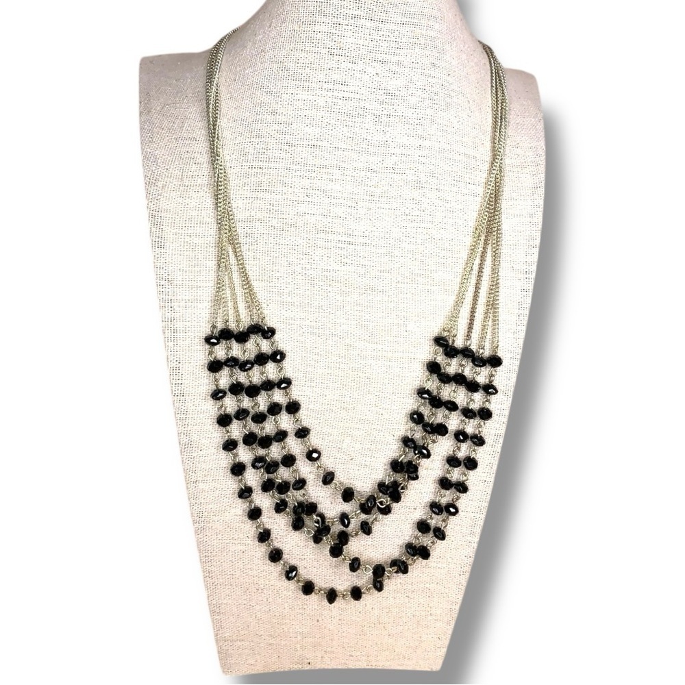Vintage Avon Black Silver Beaded Layered Necklace Classic Elegant
